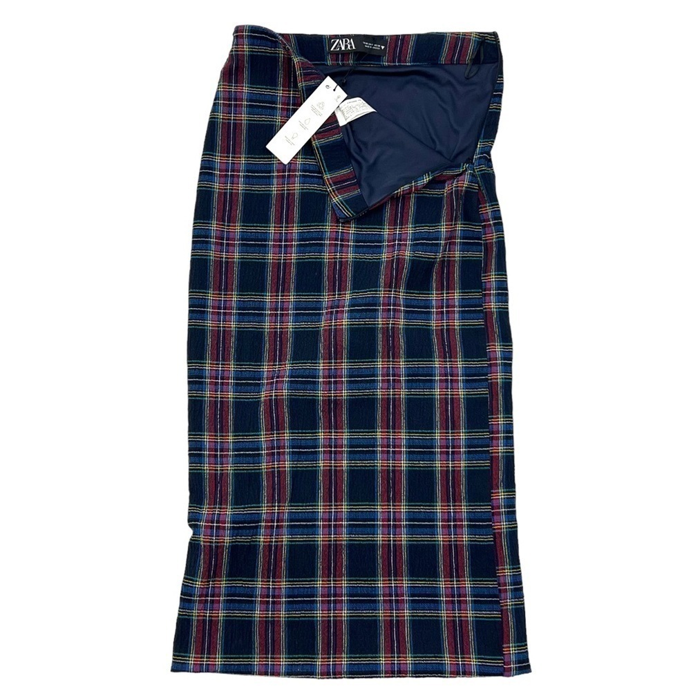Zara Navy Blue Plaid Midi Skirt Extra Small - Picture 9 of 13